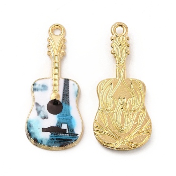 Rack Plating Golden Tone Alloy Pendants, with Printed Enamel, Cadmium Free & Nickel Free & Lead Free, Guitar with Eiffel Tower Charm, Colorful, 27x12x2mm, Hole: 1.4mm