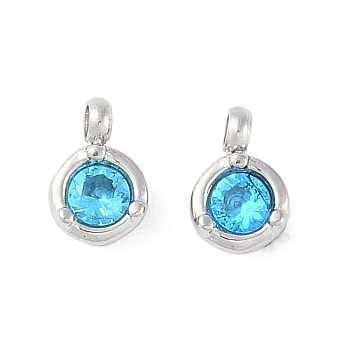 304 Stainless Steel Pendant, with Rhinestone, Stainless Steel Color, Flat Round, Indicolite, 7x5x3mm, Hole: 1.4mm