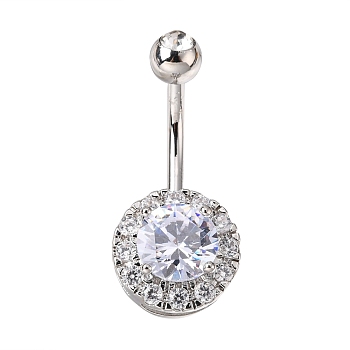 Piercing Jewelry Platinum Plated Brass Round Cubic Zirconia Navel Ring Navel Ring Belly Rings, with 304 Stainless Steel Bar, Clear, 28x12mm, Bar Length: 3/8"(10mm), Bar: 14 Gauge(1.6mm)