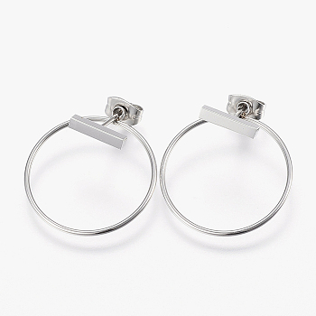 304 Stainless Steel Stud Earrings, Hypoallergenic Earrings, Ring, Stainless Steel Color, 10x2x2mm, Pin: 0.8mm