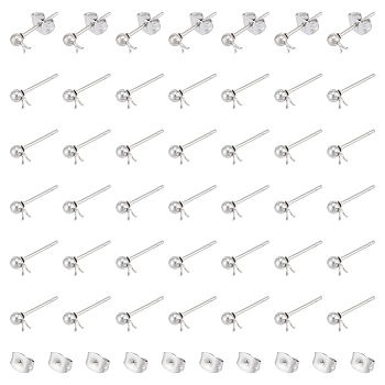 100Pcs 304 Stainless Steel Ball Post Stud Earring Findings, with Loop and 316 Surgical Stainless Steel Pin, 100Pcs 304 Stainless Steel Ear Nuts, Stainless Steel Color, 6~14x4.5~5.5x3mm, Hole: 0.8~1.8mm, Pin: 0.7mm