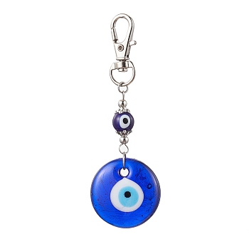 Handmade Evil Eye Lampwork Pendant Decorations, with Alloy Swivel Lobster Claw Clasps, Flat Round, Platinum, 90mm