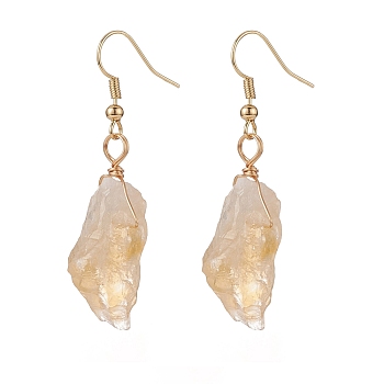 Natural Yellow Quartz Irregular Nuggets Dangle Earrings, Gold Plated Brass Jewelry for Women, 40~56.5mm, Pin: 0.7mm