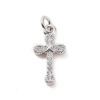 Brass Micro Pave Cubic Zirconia Pendants, with Jump Ring, Religion Cross Charm, Platinum, 15.5x8x2mm, Hole: 2.8mm