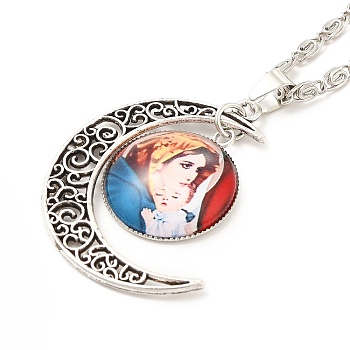 Glass Religion Fairy with Crescent Moon Pendant Necklace, Antique Silver Alloy Jewelry for Women, Red, 18.31 inch(46.5cm)