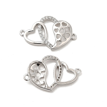 Brass Micro Pave Clear Cubic Zirconia Connector Charms, Heart Links, Platinum, 17x26.5x3mm, Hole: 1.5mm