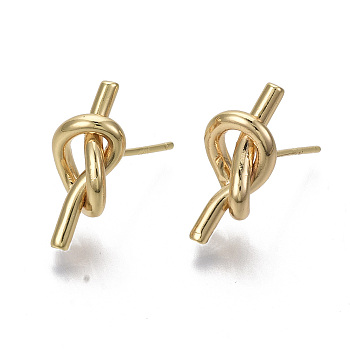 Brass Stud Earrings, Nickel Free, Knot, Real 18K Gold Plated, 17x7.5mm, Pin: 0.7mm