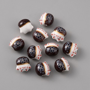 Handmade Porcelain Beads, Famille Rose Porcelain, Lucky Cat, Coconut Brown, 14x12.5x11.5mm, Hole: 2mm