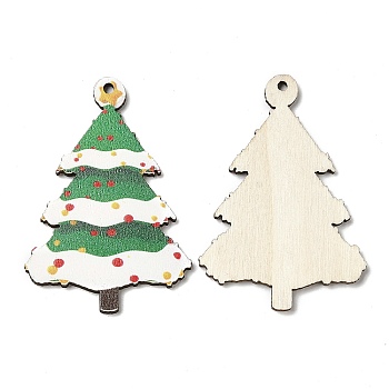 Single Face Christmas Printed Wood Big Pendants, Christmas Tree Charms, Green, 54.5x38x2.5mm, Hole: 2mm