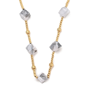 Golden Tone 304 Stainless Steel Boho Beaded Necklaces, Resin Cube Bib Necklaces for Women, Dark Gray, 17.32 inch(44cm)