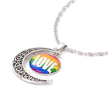 Rainbow Pride Necklace, Love Word Flat Round & Moon Pendant Necklace for Men Women, Antique Silver & Platinum, Word, 18.31 inch(46.5cm)