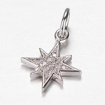 Brass Micro Pave Cubic Zirconia Charms, Star, Platinum, 14x12x2mm, Hole: 4mm