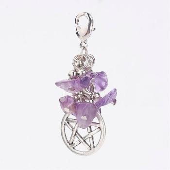 Natural Amethyst Chips Pendants, with Flat Round with Pentagram Pendants and Brass Lobster Claw Clasps, 46x17x8mm