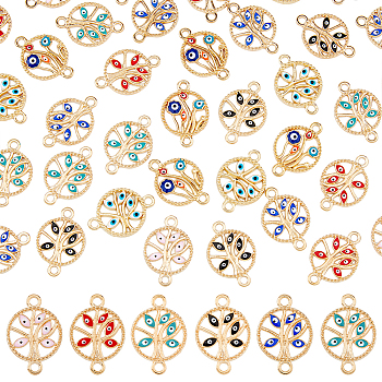 DICOSMETIC 36pcs 6 styles Alloy Enamel Connector Charms, Flat Round Tree Links with Evil Eye, Nickel Free, Light Gold, Mixed Color, 23.5x16.5x2mm, Hole: 2mm, 6pcs/style