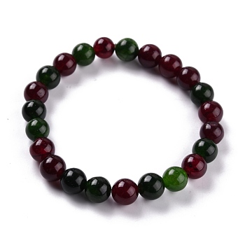 Dyed Natural Jade Beads Stretch Bracelets, Round, Dark Red, Inner Diameter: 2-1/4 inch(5.7cm), Bead: 8~8.5mm