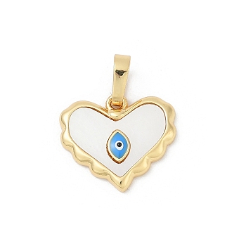 Brass Pave Natural White Shell Pendants, Enamel Evil Eye Heart Charms, Lead Free & Cadmium Free, Real 18K Gold Plated, Rack Plating, WhiteSmoke, 14x16x3mm, Hole: 6x3.5mm