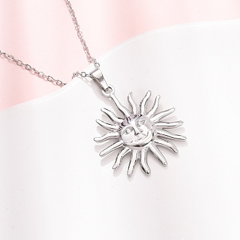 304 Stainless Steel Sun Pendant Cable Chain Necklaces for Men Women, Tarnish Free, Stainless Steel Color, 17.99 inch(45.7cm), Pendant: 30.5x26.5mm