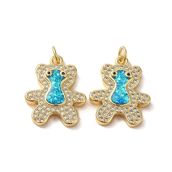 Brass Micro Pave Cubic Zirconia with Synthetic Opal Pendants, with Jump Ring, Bear, Real 18K Gold Plated, 21x17x3.5mm