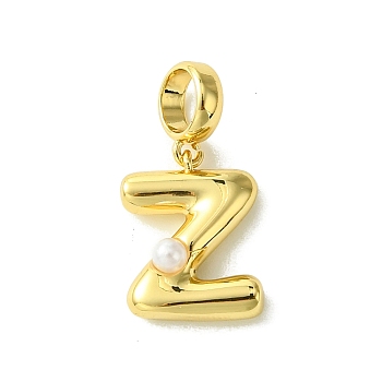 Rack Plating Brass with ABS Plastic Pearl European Dangle Charms, Large Hole Pendants, Long-Lasting Plated, Lead Free & Cadmium Free, Real 18K Gold Plated, Letter Z, 22mm long, hole: 5mm, pendant: 14x11x5mm