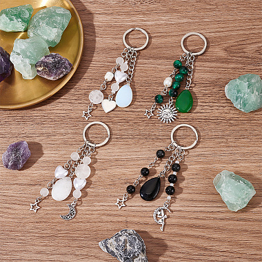 Gemstone with ABS Plastic Imitation Pearl Beaded Keychain with Star/Moon/Sun Alloy Pendants(KEYC-PH01516-02)-3