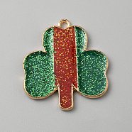 Saint Patrick's Day Glitter Alloy Enamel Pendants, Light Gold, Clover, 27.5x25x2mm, Hole: 2mm(ENAM-CJC0003-58A-KCG)