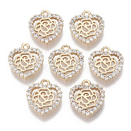 Valentine's Day Brass Micro Pave Cubic Zirconia Pendants, Heart with Rose, Light Gold, Clear, 15.5x13.5x3mm, Hole: 1.5mm(KK-T060-02)