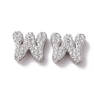 925 Sterling Silver Micro Pave Cubic Zirconia Beads, Real Platinum Plated, Letter W, 9.5x11x3.5mm, Hole: 2.5x1.5mm(STER-Z005-15P-W)