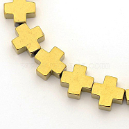 Electroplate Non-magnetic Synthetic Hematite Greek Cross Beads Strands, Golden Plated, 10x10x4mm, Hole: 1mm, about 39pcs/strand, 15.5 inch(G-M007-87A)