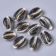 Natural Cowrie Shell Beads, with Epoxy Resin and Glitter Powder, Undrilled/No Hole, Black, 17~22x11~14x7~8mm(SSHEL-N034-36A)