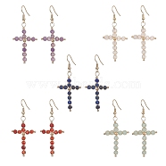 Natural Mixed Stone Cross Dangle Earrings, Brass Wires Wrap Earrings for Women, 58.5~60mm(EJEW-JE05289)