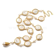 Natural Pearl Oval Link Necklaces, Real 14K Gold Plated Brass Jewelry for Women, Seashell Color, 22.76 inch(57.8cm), Oval: about 24x11mm(NJEW-M214-01G)