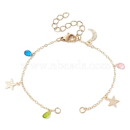 Star & Moon Brass Link Chain Bracelet Making, with Glass Teardrop, Lobster Claw Clasps, Fit for Connector Charms, Colorful, 6-1/2 inch(16.4cm)(AJEW-JB01150-33)