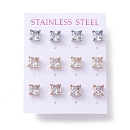 6 Pairs Tiny Cubic Zirconia Square Stud Earrings, 304 Stainless Steel Jewelry for Women, Mixed Color, Clear, 8x8mm, Pin: 0.7mm(EJEW-G291-01D-M)
