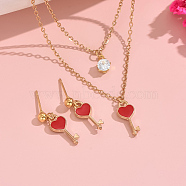 Stainless Steel Heart Key Pendant Necklace & Earrings Set, Simple Elegant Design Women's Gift, Red, Real 18K Gold Plated, show in picture(AW0083)