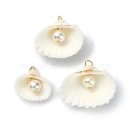 Natural Shell Pendants, Shell Charms with Round Shell Pearl Beads and Brass Beads, Golden, Floral White, 16~24x17.5~27x7.5~9mm, Hole: 2.3~2.5mm(PALLOY-TA00079)