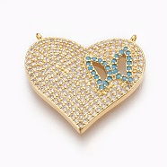 Brass Micro Pave Cubic Zirconia Pendants, Lead Free & Cadmium Free & Nickel Free
, Long-Lasting Plated, Heart with Butterfly, Real 18K Gold Plated, 20.5x23x2.5mm, Hole: 1mm(ZIRC-P076-16G-NR)