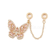 Rack Plating Butterfly Brass Pink Cubic Zirconia European Safety Chains, for European Bracelet Making, Long-Lasting Plated, Lead Free & Cadmium Free, Real 14K Gold Plated, 70mm, Hole: 4.2mm(KK-F879-20G)