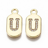 Brass Micro Pave Clear Cubic Zirconia Pendants, Nickel Free, Real 18K Gold Plated, Oval with Word, Letter.U, 16x7.5x1.5mm, Hole: 1.8mm(KK-S360-052U-NF)