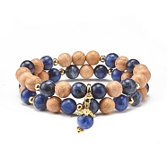 Natural Sodalite & Wood Round Beads Stretch Bracelets Set, Yoga Prayer Jewelry for Her, Golden, Inner Diameter: 2-1/8 inch(5.5cm), 2pcs/set(BJEW-JB07165-04)