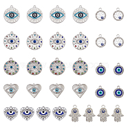 32Pcs 8 Style Evil Eye Alloy Enamel Pendants, with Rhinestone, Heart & Flat Round & Hamsa Hand & Tree Charms, Platinum, 17~25x14~22x2~3mm, Hole: 1.2~2mm, 4Pcs/style(PALLOY-DC0001-24)