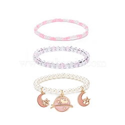 3Pcs 3 Style Shell Pearl & Glass Seed Beaded Stretch Bracelets Set, Alloy Enamel Moon & Star Charms Bracelets for Women, Pink, Inner Diameter: 2-1/8~2-1/4 inch(5.3~5.7cm), 3pcs/set(BJEW-JB08705-02)
