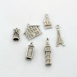 Vintage Alloy Building Pendants, Eiffel Tower, Castle, Telephone Booth, Windmill, Big Ben and House Charms, Lead Free, Antique Silver, 20~36x10~24.5x2~8mm, Hole: 1.5~2.5mm, 6pcs/set(TIBEP-X0063-AS-LF)