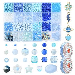 DIY Charm Bracelet Making Kit, Including Oval & Round & Imitation Pearl Acrylic & Plastic & Glass Seed Beads, Lightning Bolt & Flower & Heart Alloy Enamel Charms, Blue, 1157Pcs/bag(DIY-FS0003-28)