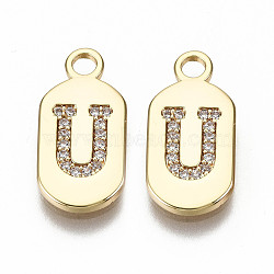 Brass Micro Pave Clear Cubic Zirconia Pendants, Nickel Free, Real 18K Gold Plated, Oval with Word, Letter.U, 16x7.5x1.5mm, Hole: 1.8mm(KK-S360-052U-NF)