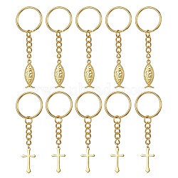 Brass & Tibetan Style Alloy Keychain, with Iron Split Key Rings, Cross/Jesus Fish Charms, Antique Golden, 7.6cm, 10pcs/set(KEYC-JKC00555-02)