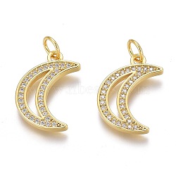 Brass Micro Pave Clear Cubic Zirconia Pendants, Long-Lasting Plated, With Jump Rings, Moon, Real 18K Gold Plated, 17x11.5x1.5mm, Hole: 3mm, Jump Ring: 5x1mm(ZIRC-Z008-24G)