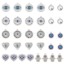 32Pcs 8 Style Evil Eye Alloy Enamel Pendants, with Rhinestone, Heart & Flat Round & Hamsa Hand & Tree Charms, Platinum, 17~25x14~22x2~3mm, Hole: 1.2~2mm, 4Pcs/style(PALLOY-DC0001-24)