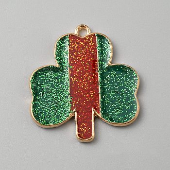 Saint Patrick's Day Glitter Alloy Enamel Pendants, Light Gold, Clover, 27.5x25x2mm, Hole: 2mm