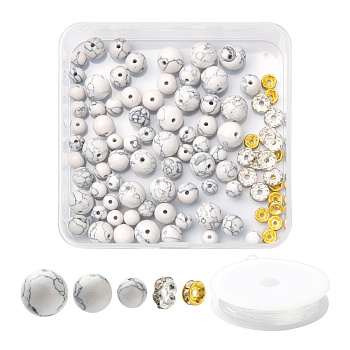 96Pcs Synthetic Howlite Round Beads Kit for DIY Jewelry Making, with Iron Rhinestone Spacer Beads and Elastic Thread, Synthetic Howlite Beads: about 76pcs/box