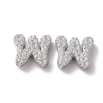 925 Sterling Silver Micro Pave Cubic Zirconia Beads, Real Platinum Plated, Letter W, 9.5x11x3.5mm, Hole: 2.5x1.5mm